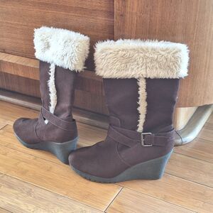 American Eagle Brown Wedge Boots Nola Faux Fur Suede & Shearling Winter Mid Calf
